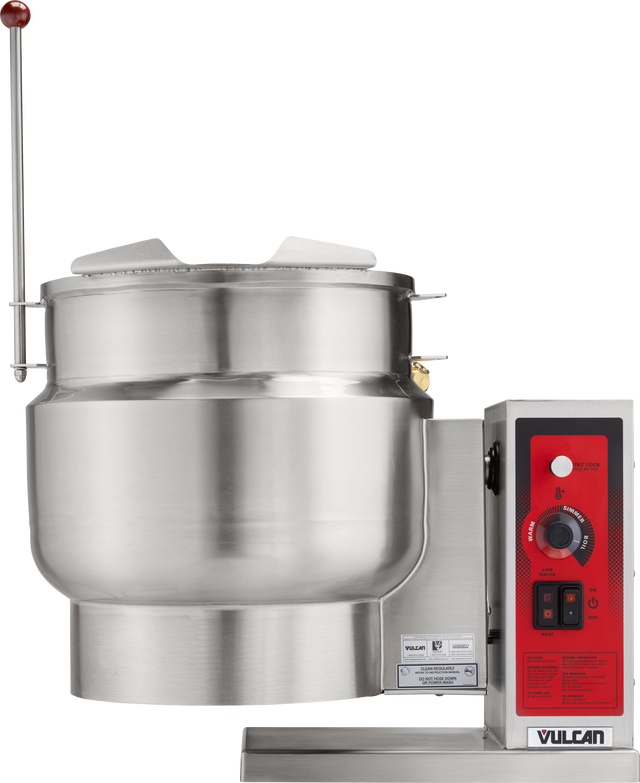 A large, industrial 12-gallon tilting kettle with a red and black control panel on the right, branded Vulcan. This stainless steel electric countertop kettle features a lid with handle and a tall metal lever with a red knob for easy operation.