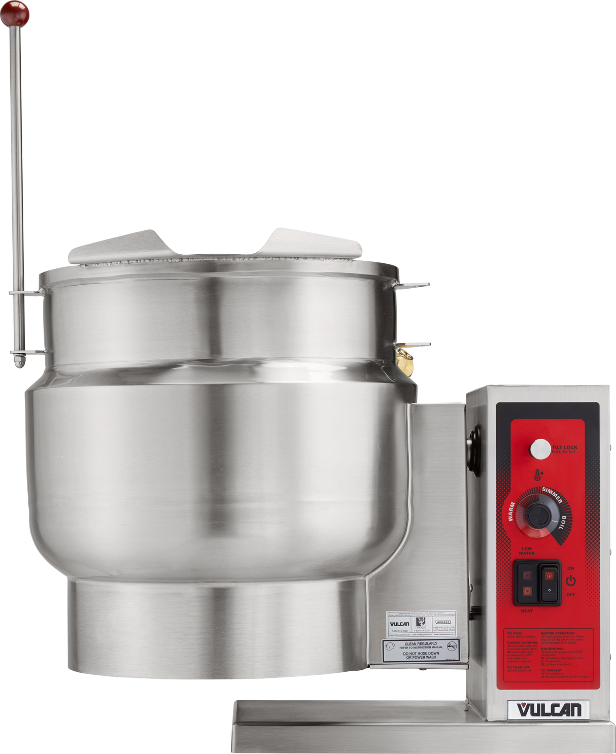 A Vulcan commercial stainless steel tilting kettle with a 12-gallon capacity features a red control panel with dials, buttons, and a temperature display. Its large round body, handled lid, and vertical lever arm with red knob ensure easy operation.