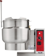 A Vulcan commercial stainless steel tilting kettle with a 12-gallon capacity features a red control panel with dials, buttons, and a temperature display. Its large round body, handled lid, and vertical lever arm with red knob ensure easy operation.