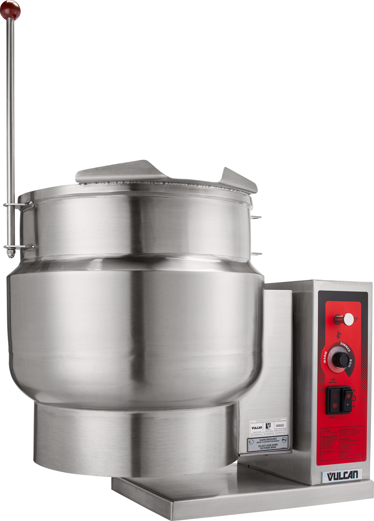 A large stainless steel Vulcan tilting kettle with a 12-gallon capacity features a red control panel with dials and switches, designed for cooking large quantities of food, on a white background.