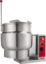 A large stainless steel Vulcan tilting kettle with a 12-gallon capacity features a red control panel with dials and switches, designed for cooking large quantities of food, on a white background.
