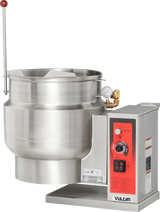 A large, industrial stainless steel tilting kettle with a red control panel labeled Vulcan, featuring various dials, buttons, a gauge, and 12-gallon capacity markings. A long metal handle extends from the kettle’s lid for commercial kitchen use.