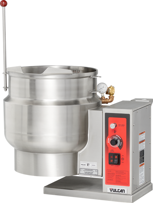 A large, industrial stainless steel tilting kettle with a red control panel labeled Vulcan, featuring various dials, buttons, a gauge, and 12-gallon capacity markings. A long metal handle extends from the kettle’s lid for commercial kitchen use.