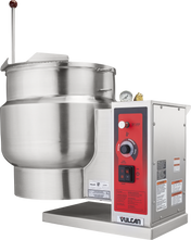 A large 12-gallon commercial stainless steel tilting kettle with a red and gray Vulcan control panel, temperature gauge, and operating knobs, designed for cooking bulk food in industrial kitchens. The kettle mounts on a metal base with a lever handle.