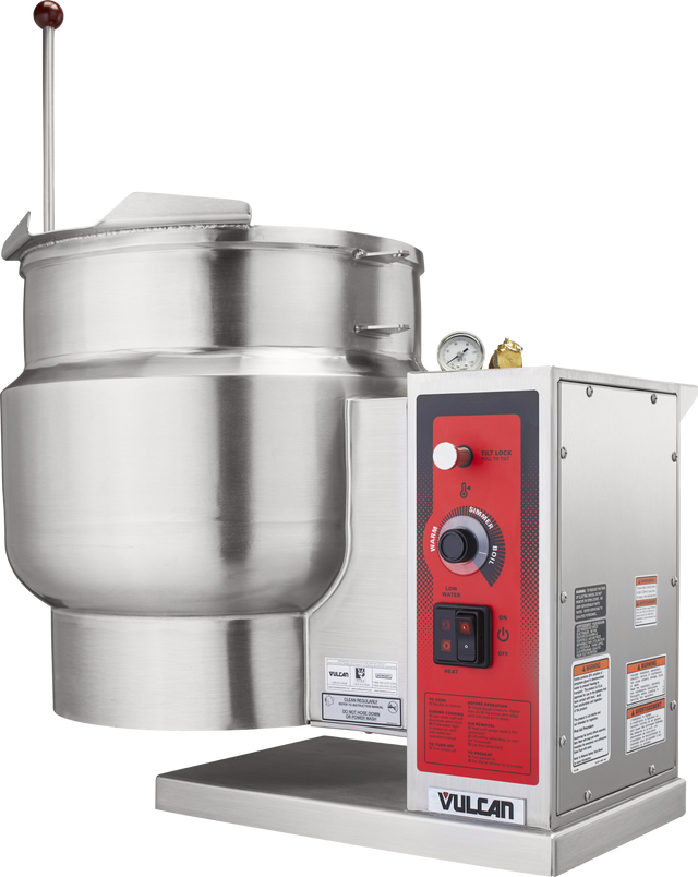 A large 12-gallon commercial stainless steel tilting kettle with a red and gray Vulcan control panel, temperature gauge, and operating knobs, designed for cooking bulk food in industrial kitchens. The kettle mounts on a metal base with a lever handle.