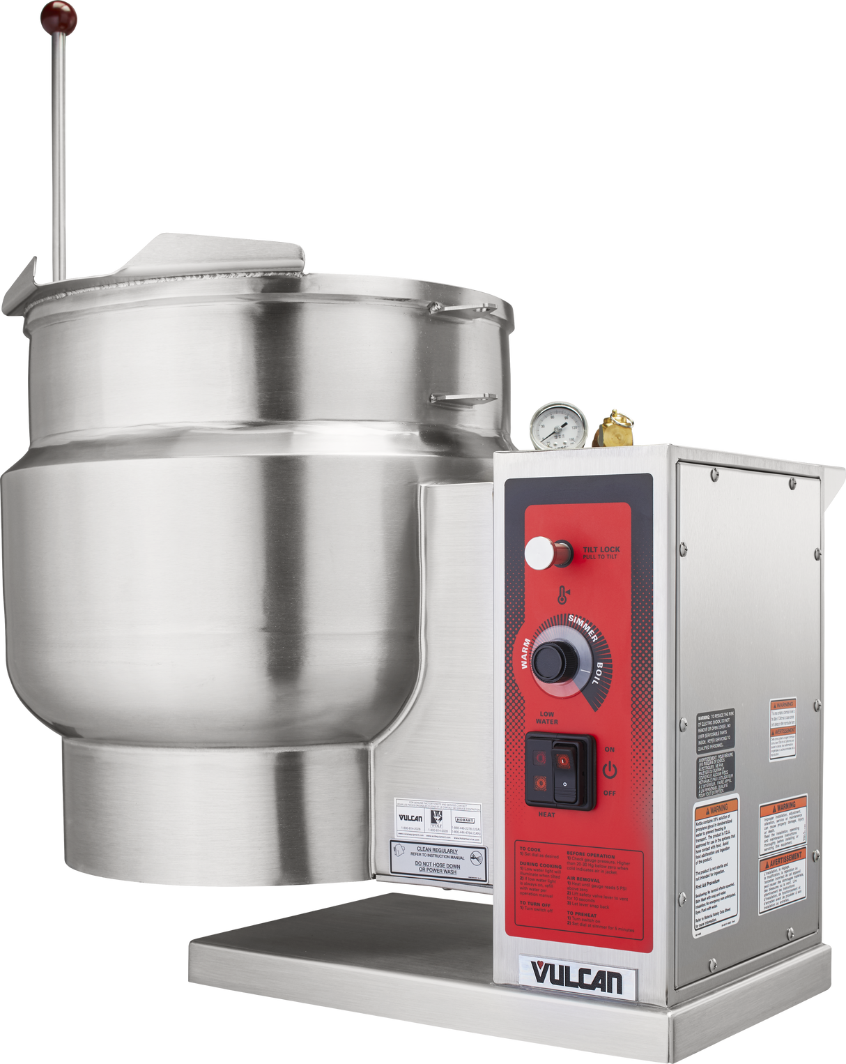A large industrial stainless steel 12-gallon kettle with a red-front control panel, knob, buttons, and “Vulcan” label. This tilting kettle is mounted on a metal base with a long handle on top, ideal for commercial kitchen use.