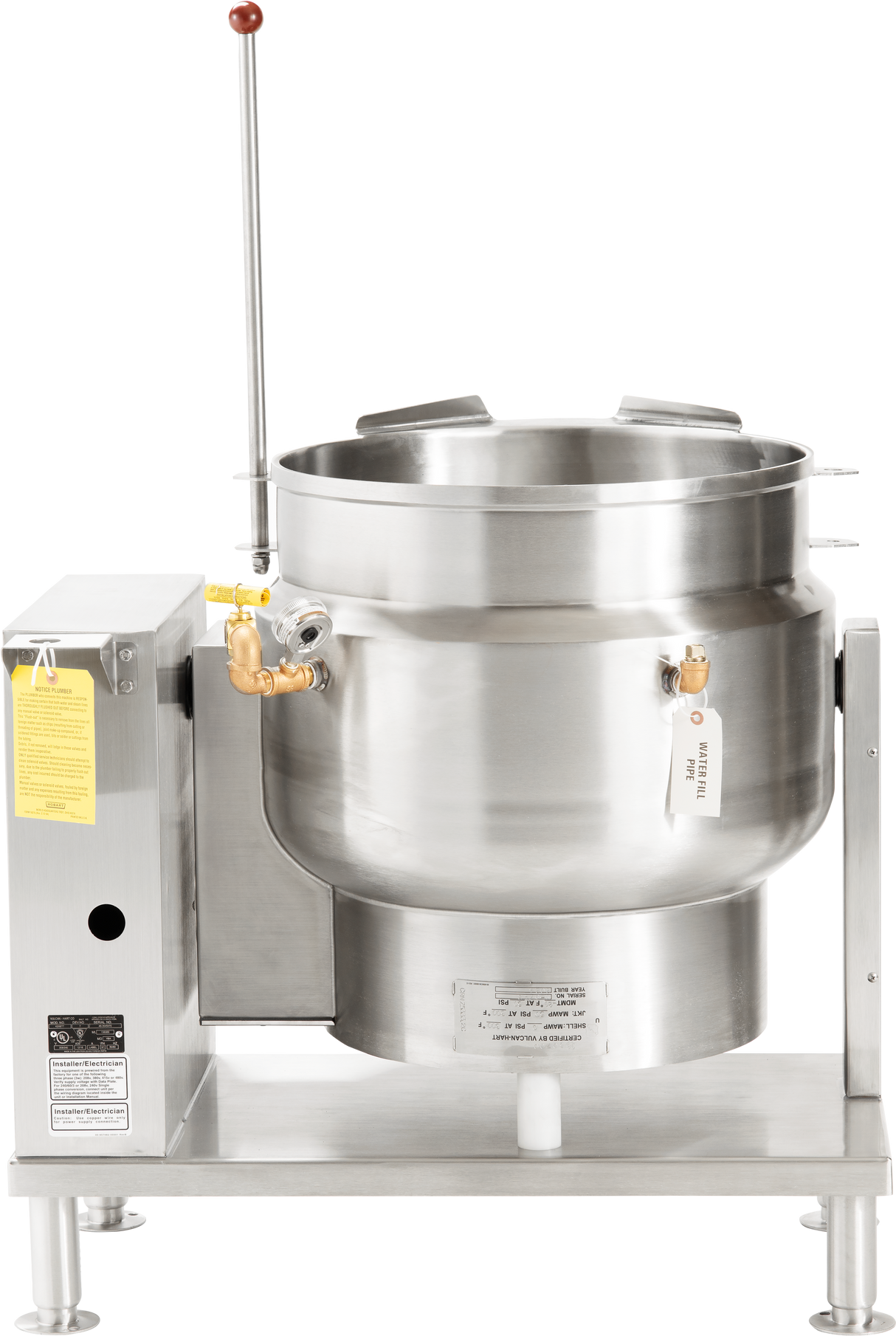 A large industrial 20-gallon tilting kettle with a control box on the left, a long lever with a red knob, and spout attachments. The stainless steel kettle sits on a metal frame with visible bolts and a hanging tag on the right side.