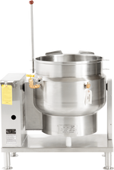 A large commercial 20-gallon tilting kettle with a control panel, release valve, metal lever with red knob, sturdy legs, and hanging tag on the handle. The reflective stainless steel surface stands out against a plain, light background.