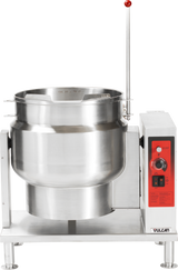 A large industrial 20-gallon tilting kettle with a red and black control panel on the right side, labeled Vulcan. The round stainless steel kettle features side handles, a tall metal lever, and sits on a sturdy four-legged metal frame.