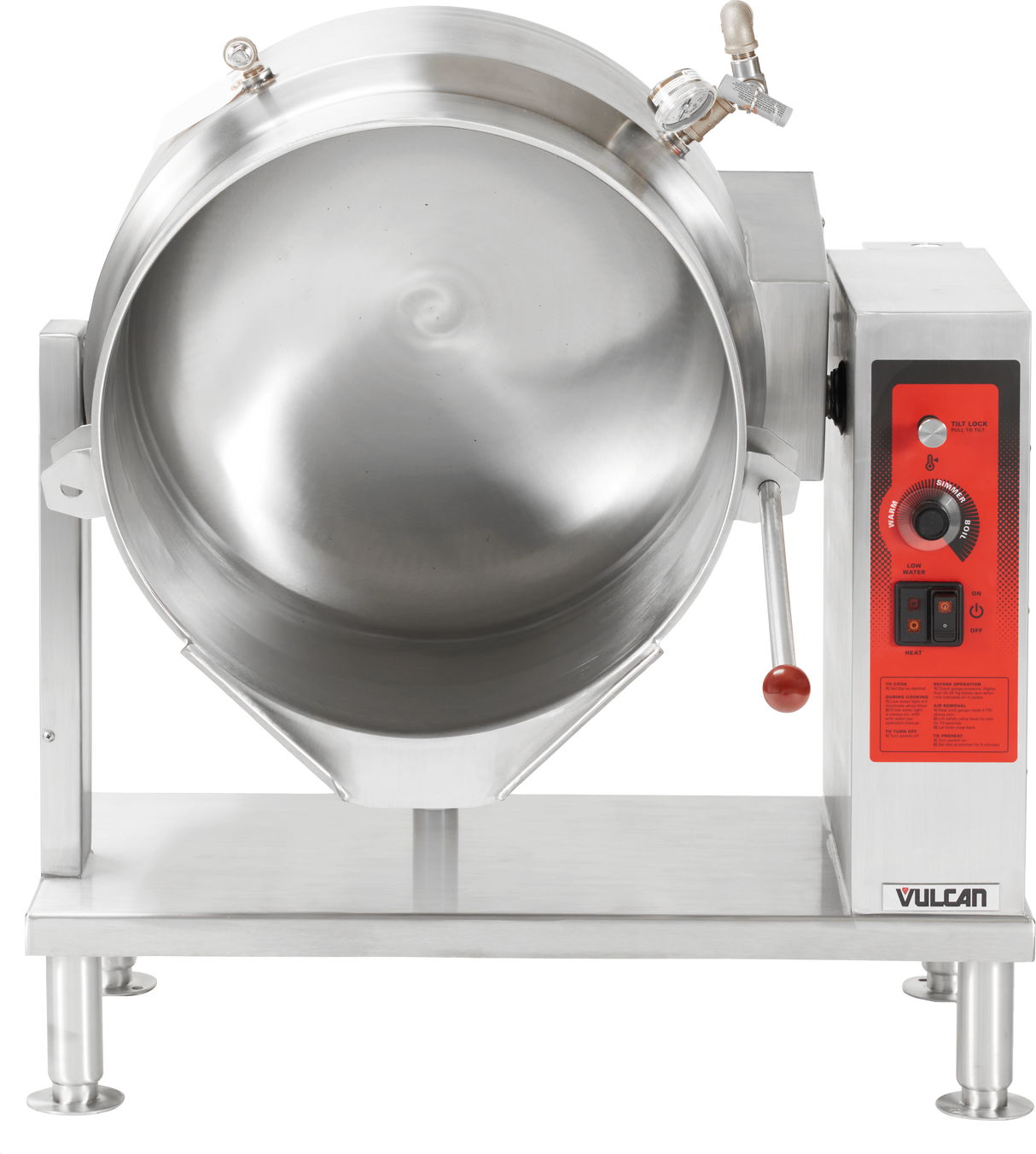 A large, industrial tilting kettle with stainless steel construction and a round basin, mounted on four legs. On the right, a red control panel with dials, switches, the Vulcan logo, and a metal lever for tilting the basin stands out.