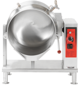 A large stainless steel tilting kettle with a smooth, reflective interior, mounted on four sturdy legs. The right side features a red control panel with dials, switches, and the Vulcan brand logo. The kettle is open for easy access and cleaning.