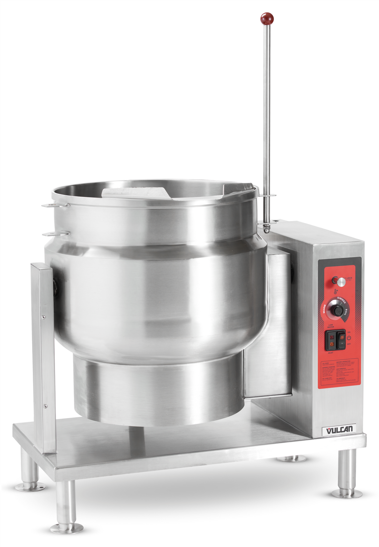 A large Vulcan 20-gallon tilting kettle with a control panel featuring red accents, temperature knob, and indicator lights stands on four sturdy legs—ideal for industrial cooking or food preparation.