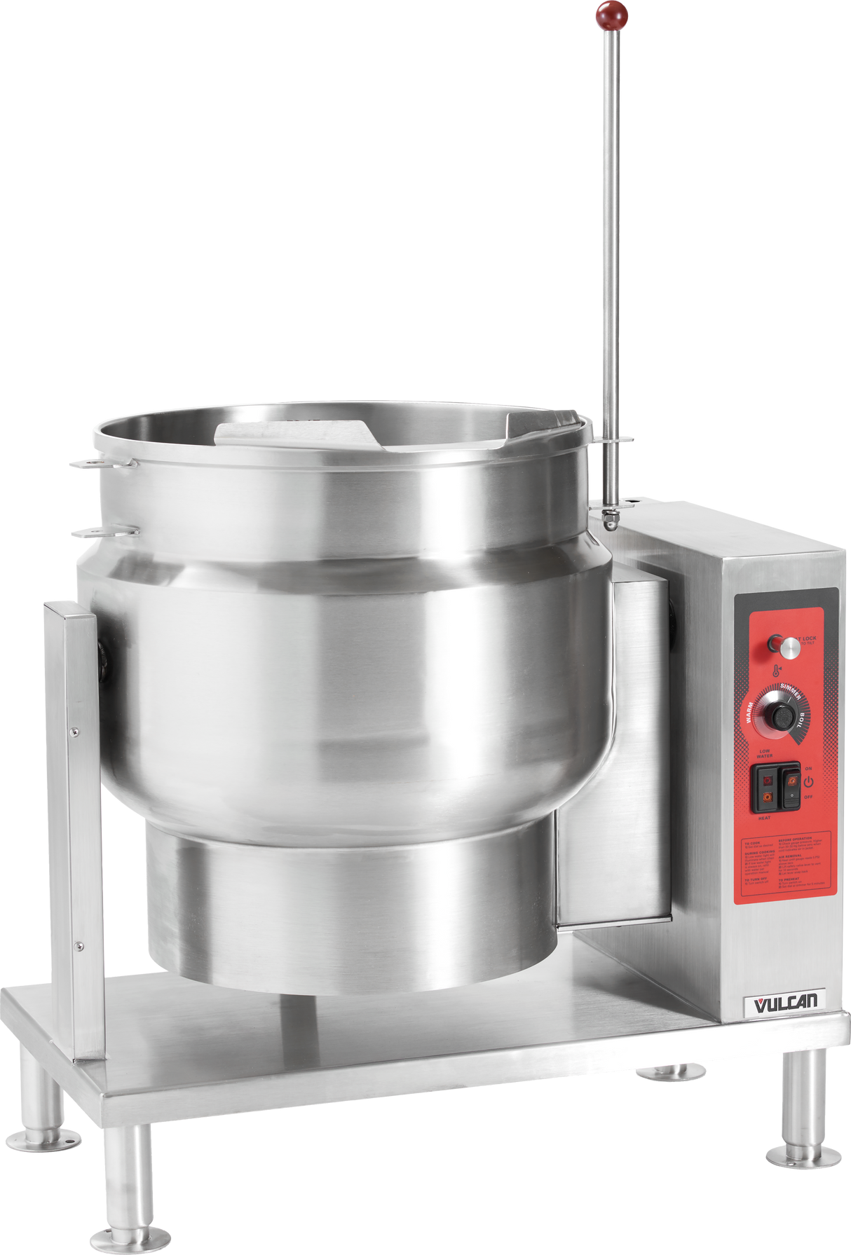 A large stainless steel commercial Tilting Kettle with control panel, red accents, and a long handle. The unit stands on four legs, features a spout for pouring, and is branded “Vulcan” at the base. The control panel includes knobs and switches.