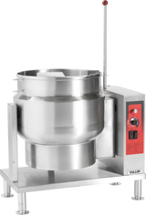 A large stainless steel commercial Tilting Kettle with control panel, red accents, and a long handle. The unit stands on four legs, features a spout for pouring, and is branded “Vulcan” at the base. The control panel includes knobs and switches.