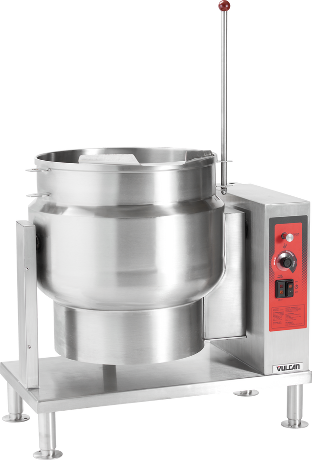 A large stainless steel commercial Tilting Kettle with control panel, red accents, and a long handle. The unit stands on four legs, features a spout for pouring, and is branded “Vulcan” at the base. The control panel includes knobs and switches.