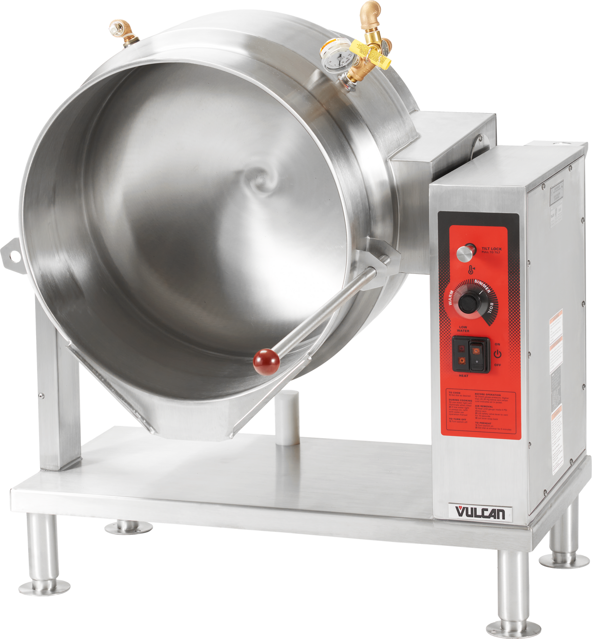 A large, industrial tilting kettle with stainless steel construction features a deep circular basin, red tilting handle, control knobs, gauges, and indicator lights on a red panel. The Vulcan brand is visible on the front and it stands on sturdy metal legs.