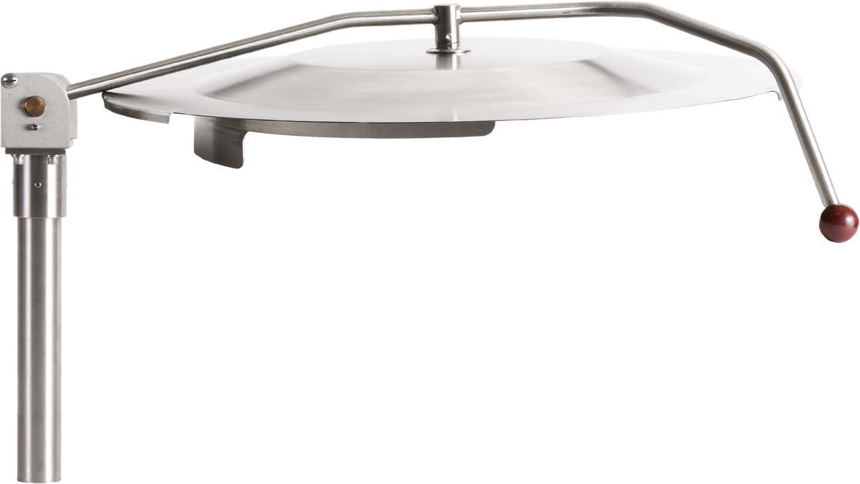 A stainless steel pizza oven door with a long, angled handle ending in a red knob. The circular, slightly domed door is attached to a vertical pole on the left side and designed to swivel open or closed—much like those on a 40-gallon tilting kettle.