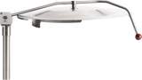 A stainless steel pizza oven door with a round handle on the right, attached to a vertical pole. The curved arm and flat, circular cover evoke the sturdy look of a tilting kettle. The background is plain white.
