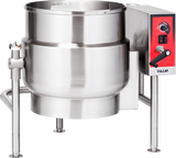 A large, industrial 40-gallon stainless steel tilting kettle with three sturdy legs, a control panel with a red face and black knobs, and a spout for draining. The electric Vulcan kettle is designed for commercial kitchen use.