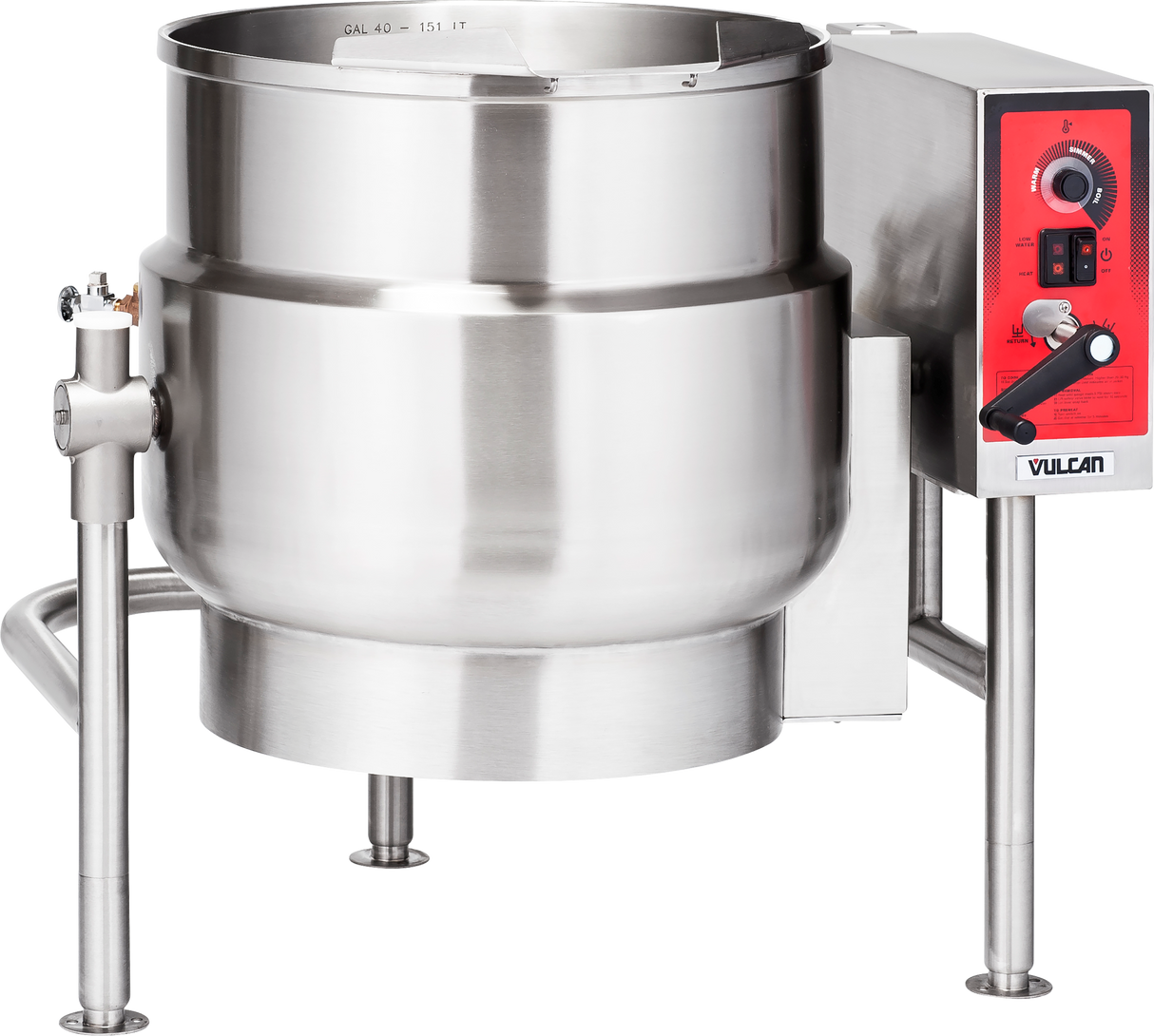 A large 40-gallon industrial stainless steel tilting kettle with a red Vulcan control panel, visible dials and levers. Standing on three sturdy legs, it features a wide open top and convenient spout for pouring.