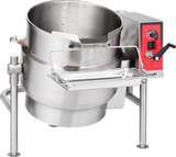 A large 40-gallon stainless steel electric tilting kettle with a red control panel, black knob, and attached utensil tray. It stands on three legs, features interior measurement markings, and is perfect for cooking or mixing large batches.