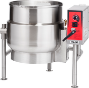 A large stainless steel 40-gallon industrial tilting kettle with a red control panel on the right side, labeled “Vulcan.” The kettle has three sturdy legs and a black lever handle, designed for electric commercial kitchen cooking and food preparation.