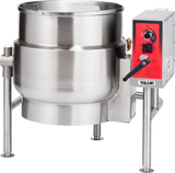 A large industrial 40-gallon electric tilting kettle with three sturdy legs, a tilting mechanism with black handle, and a red control panel labeled Vulcan featuring buttons, switches, and a digital display.