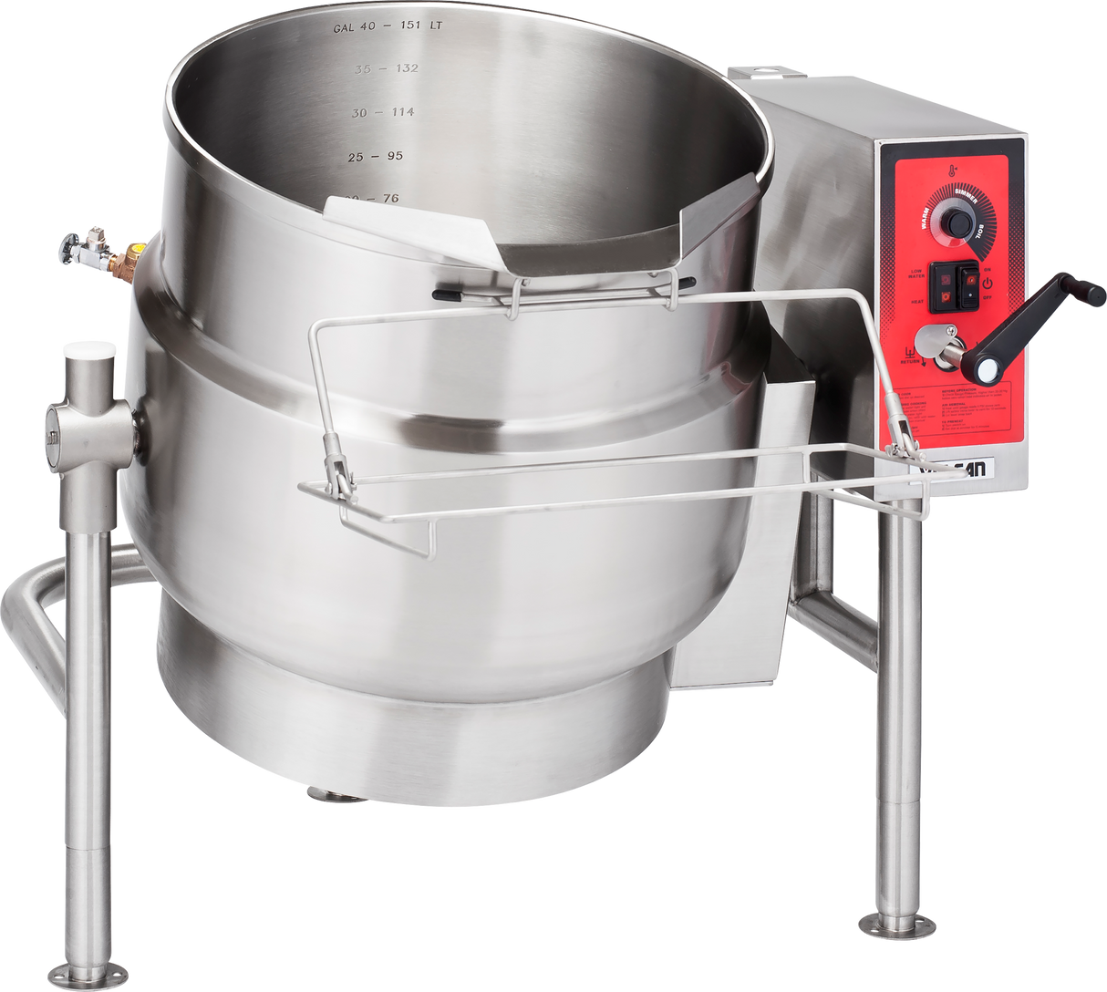 A large 40-gallon stainless steel tilting kettle with volume markings inside, a red control panel with dials, switches, and a black lever, supported by three sturdy metal legs and protected by a metal guard across the front.