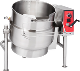A large 40-gallon stainless steel tilting kettle with volume markings inside, a red control panel with dials, switches, and a black lever, supported by three sturdy metal legs and protected by a metal guard across the front.