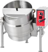 A large industrial 40-gallon capacity tilting kettle with three legs, a volume gauge inside, a mesh strainer on the rim, and a red control panel labeled Vulcan featuring dials, switches, and instructions on the side.