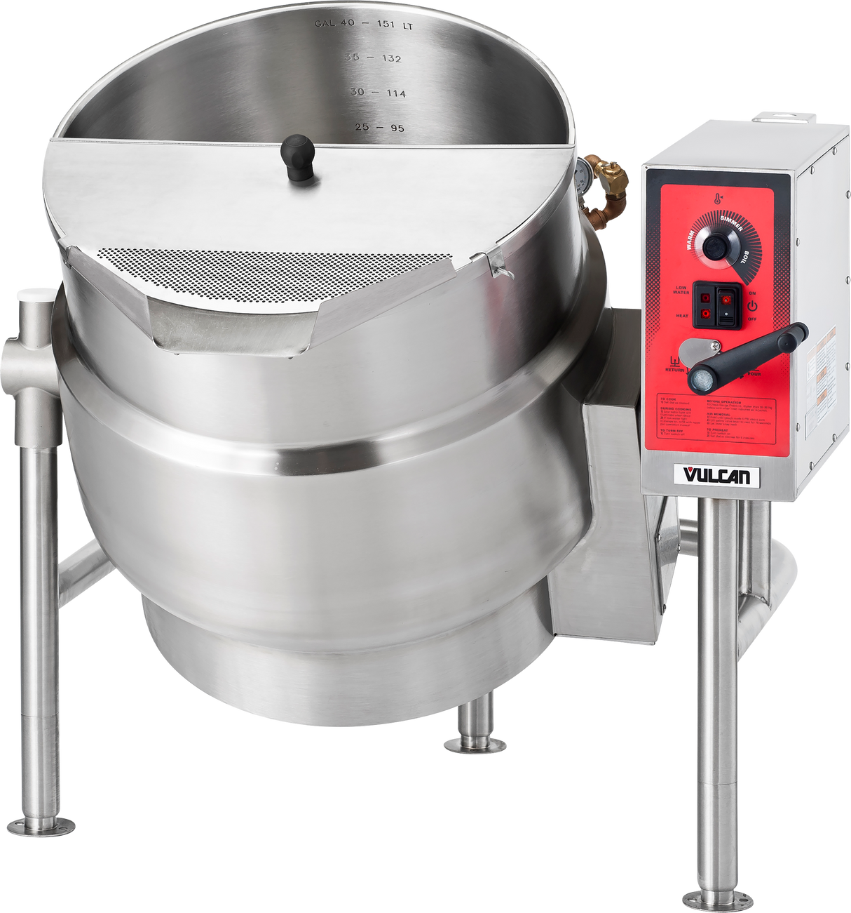 A large 40-gallon stainless steel tilting kettle with a red and silver control panel labeled “Vulcan.” It stands on four legs, features a strainer lid, capacity markings inside, and a spout for pouring—ideal for cooking in commercial kitchens.