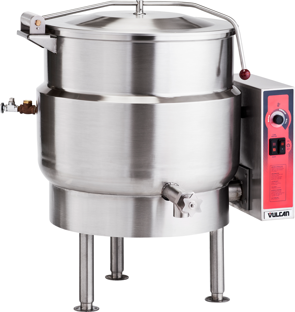 A large, stainless steel stationary kettle with a 40-gallon capacity stands on four sturdy legs. It features a spout for pouring, a red Vulcan control panel, and a rounded body with a handled lid and steam valve on the left side.