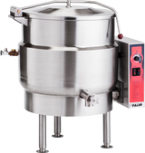 A large, stainless steel stationary kettle with a 40-gallon capacity stands on four sturdy legs. It features a spout for pouring, a red Vulcan control panel, and a rounded body with a handled lid and steam valve on the left side.