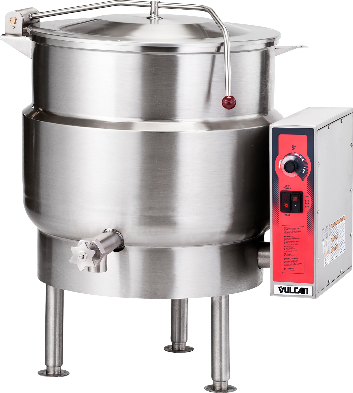 A large, stainless steel stationary kettle with a 40-gallon capacity, featuring a round body on four legs, a hinged lid with handle, side spout, and a Vulcan control panel with red dial, switches, and warning labels.