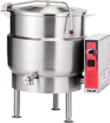 A large, stainless steel stationary kettle with a 40-gallon capacity, featuring a round body on four legs, a hinged lid with handle, side spout, and a Vulcan control panel with red dial, switches, and warning labels.