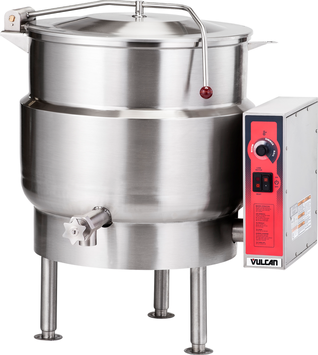 A large, stainless steel stationary kettle with a 40-gallon capacity, featuring a round body on four legs, a hinged lid with handle, side spout, and a Vulcan control panel with red dial, switches, and warning labels.