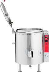 A large, stainless steel Vulcan stationary kettle with a 40-gallon capacity features an open, hinged lid, a red control panel on the right side, and a front spout for dispensing liquids. The gas kettle stands firmly on three legs.