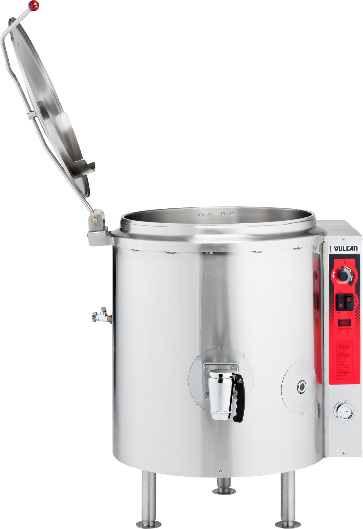 A large 40-gallon stationary kettle made of stainless steel with an open hinged lid, gas controls, a spout at the bottom center, sturdy metal legs, and a red Vulcan control panel—ideal for cooking or boiling large quantities of food.