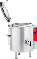 A large industrial 40-gallon stationary kettle with an open hinged lid, side spout, and red control panel on the right side. This stainless steel gas unit stands on three metal legs, ideal for cooking large quantities of food in commercial kitchens.