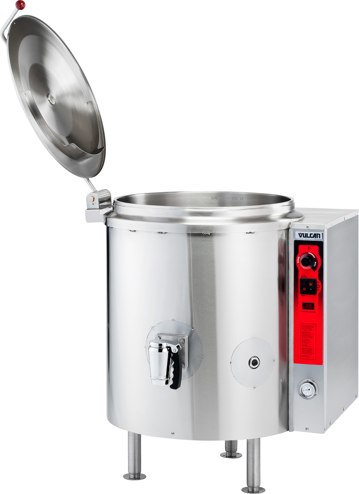 A large, 40-gallon stainless steel Vulcan stationary kettle with an open lid, gas connection, red control panel on the right, sturdy legs, spout for draining liquid, and various knobs and dials for precise temperature and pressure control.
