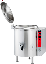 A large, 40-gallon stainless steel Vulcan stationary kettle with an open lid, gas connection, red control panel on the right, sturdy legs, spout for draining liquid, and various knobs and dials for precise temperature and pressure control.