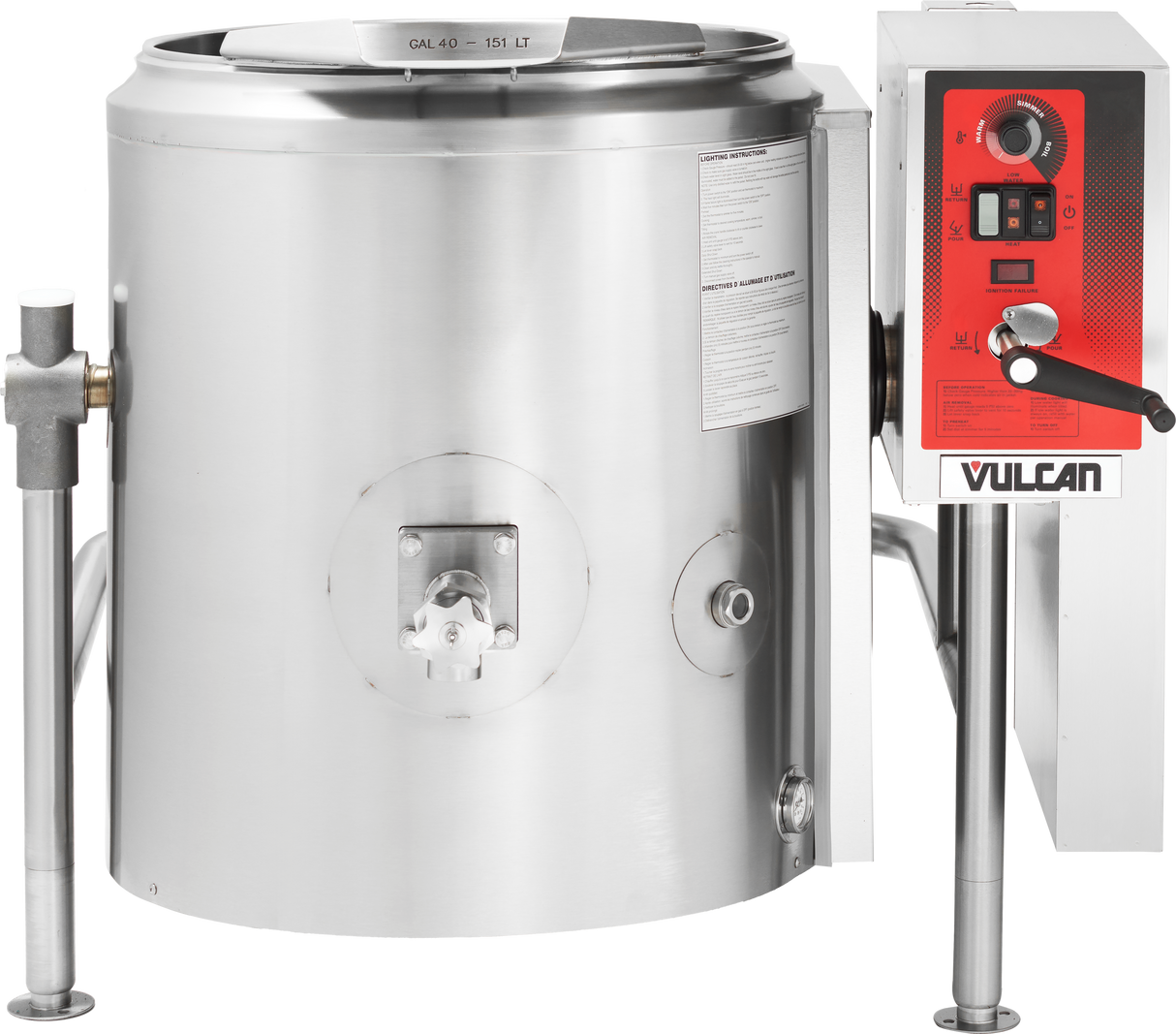 A large industrial 40-gallon stainless steel tilting kettle with a control panel on the right, labeled “Vulcan.” The gas-powered kettle features a spout, handles, gauges, and lid, supported by sturdy metal legs and equipped with buttons and indicator lights.
