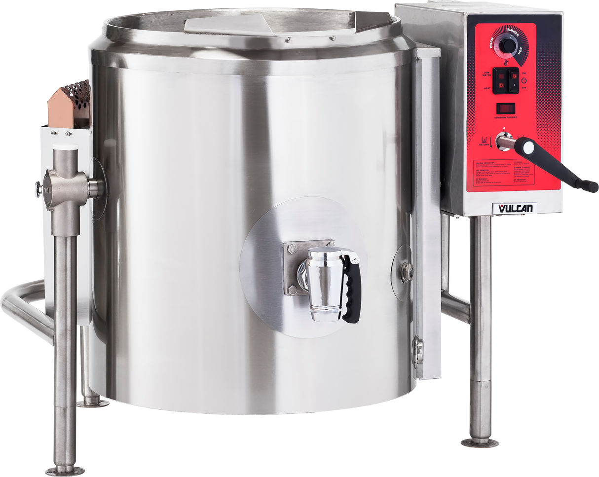 A large, industrial 40-gallon stainless steel tilting kettle with a red control panel, black handle, and spout for dispensing. The Vulcan gas model sits on sturdy metal legs and features a side lever for easy tilting.