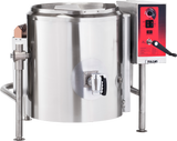A large, industrial 40-gallon stainless steel tilting kettle with a red control panel, black handle, and spout for dispensing. The Vulcan gas model sits on sturdy metal legs and features a side lever for easy tilting.