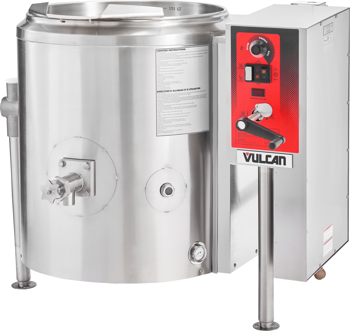 A large stainless steel 40-gallon tilting kettle with a control panel labeled “Vulcan” sits on the right. The gas-powered unit features red and black detailing, a temperature dial, switches, levers, spout, side handle, and clear instruction labels.