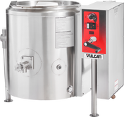 A large stainless steel 40-gallon tilting kettle with a control panel labeled “Vulcan” sits on the right. The gas-powered unit features red and black detailing, a temperature dial, switches, levers, spout, side handle, and clear instruction labels.