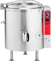 A large 40-gallon industrial stainless steel stationary kettle with a lid, red control panel, spout, and sturdy legs. The gas-powered control panel features knobs and switches, while the front handle and spout allow for easy liquid dispensing.