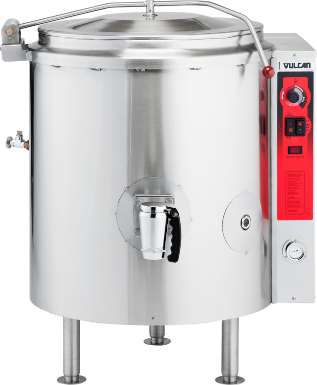 A large 40-gallon industrial stainless steel stationary kettle with a lid, red control panel, spout, and sturdy legs. The gas-powered control panel features knobs and switches, while the front handle and spout allow for easy liquid dispensing.
