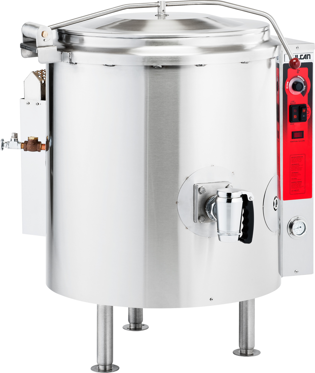 A large, 40-gallon stationary kettle made of industrial stainless steel with four sturdy legs, a round lid with handle, spout for dispensing, red control panel, pressure gauge, and exposed pipework—ideal for commercial kitchens using gas.