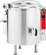 A large, 40-gallon stationary kettle made of industrial stainless steel with four sturdy legs, a round lid with handle, spout for dispensing, red control panel, pressure gauge, and exposed pipework—ideal for commercial kitchens using gas.